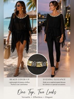 THEIA Black chiffon gem jewelled embellished blouse beach cover-up Sz L